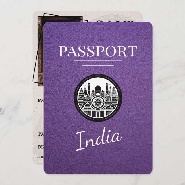 Purple India Passport Save The Date (Front/Back)