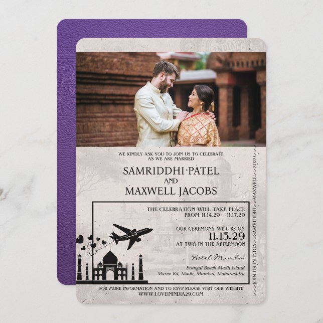 Purple India Passport Wedding Invitation (Front/Back)
