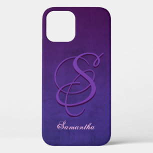 Purple Indigo Blue stylish rustic monogram iPhone 12 Case