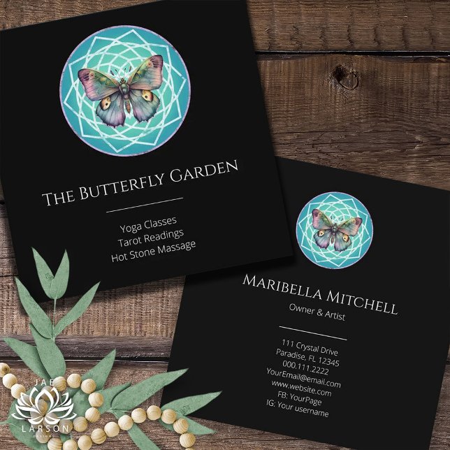 Purple Indigo Butterfly Mystical Mandala Turquoise Square Business Card (Creator Uploaded)