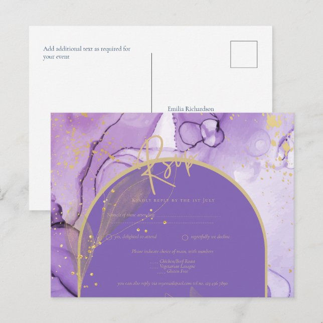 Purple Ink Lavender and Gold Purple Wedding RSVP Postcard (Front/Back)
