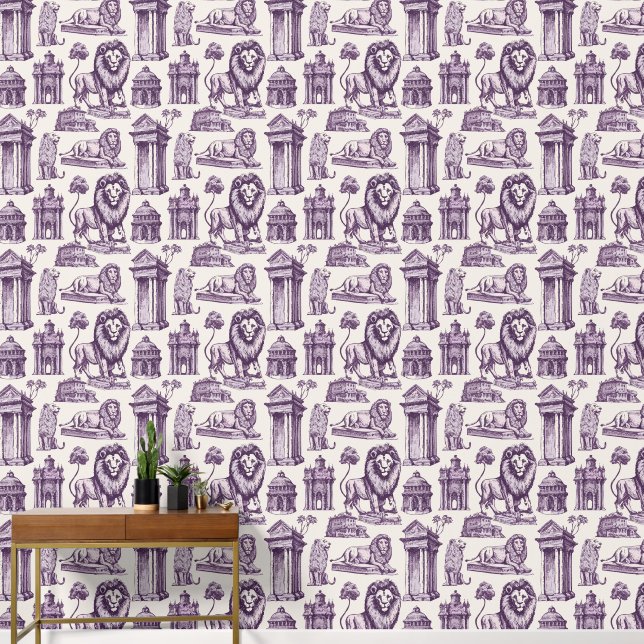Purple Ink Lions and Statues Wallpaper (Hallway)