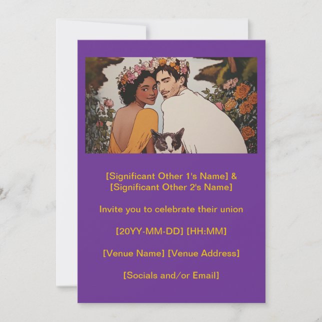 Purple interracial couple floral art with cat invitation (Front)