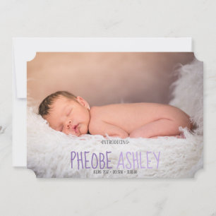 Purple Introducing Script Birth Announcement Card