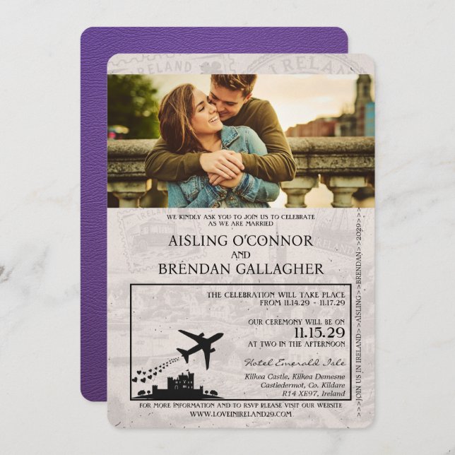 Purple Ireland Passport Wedding Invitation (Front/Back)