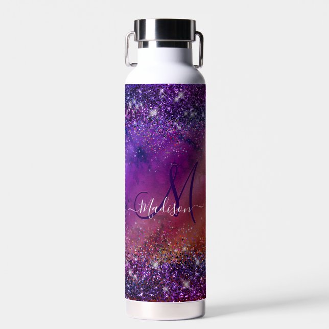Purple iridescent brushed metal glitter monogram n water bottle (Front)