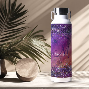 Purple iridescent brushed metal glitter monogram n water bottle