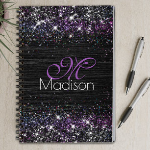 Purple iridescent brushed metal glitter monogram notebook