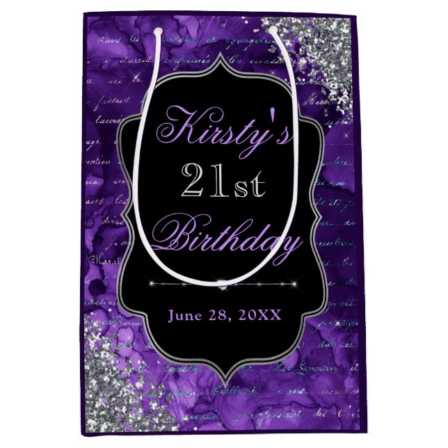 Purple Iridescent Glitter Mermaid Letters Medium Gift Bag (Front)
