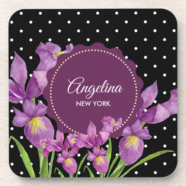 Purple Iris Botanical Black White Polka Dots Coaster (Front)