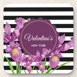 Purple Iris Botanical Black White Stripes Pattern Coaster