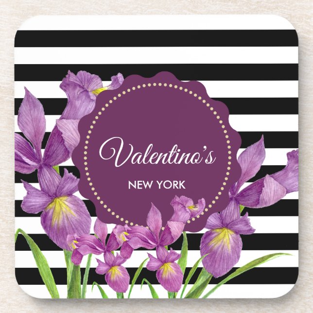 Purple Iris Botanical Black White Stripes Pattern Coaster (Front)