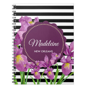 Purple Iris Botanical Black White Stripes Pattern Notebook