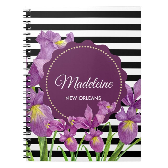 Purple Iris Botanical Black White Stripes Pattern Notebook (Front)