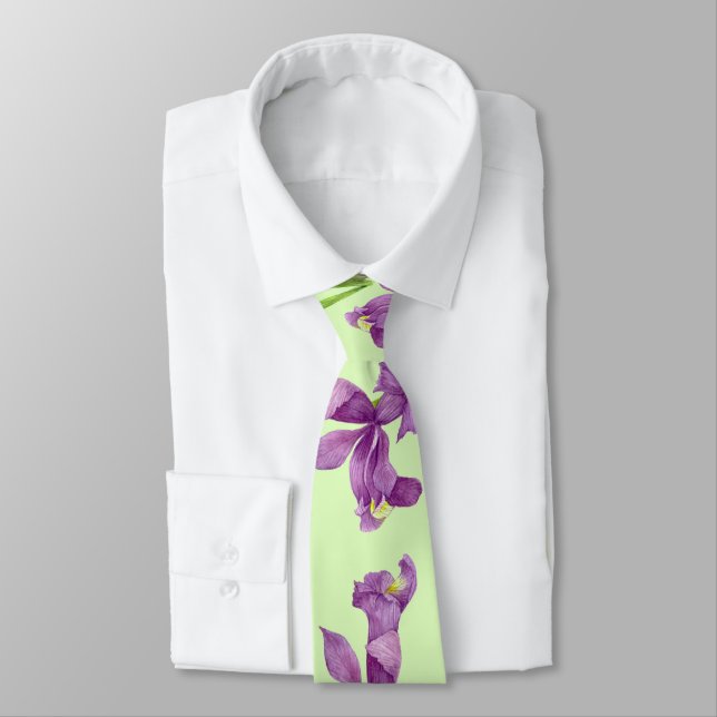 Purple Iris Botanical Floral Green Background Tie (Tied)