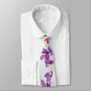 Purple Iris Botanical Floral Grey Background Tie