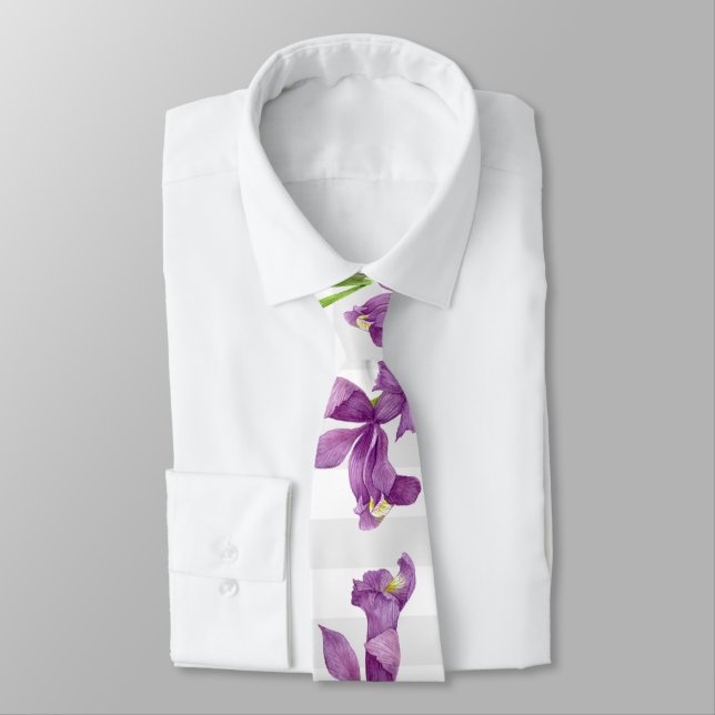 Purple Iris Botanical Floral Grey White Stripes Tie (Tied)