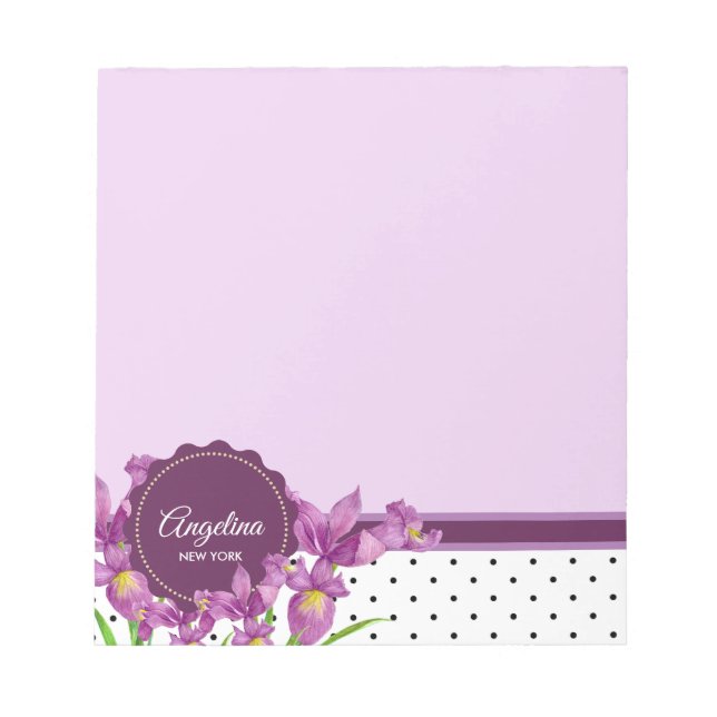 Purple Iris Botanical Floral Polka Dots Notepad (Front)
