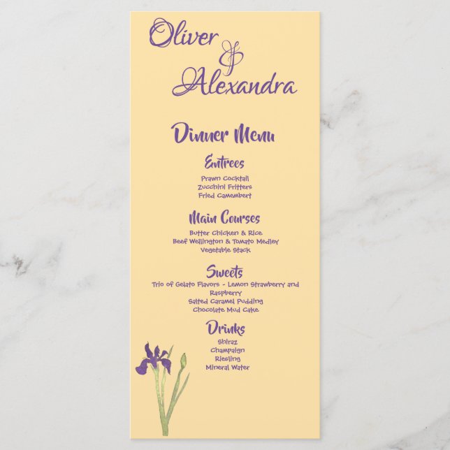 Purple Iris & Butter Yellow Watercolor Wedding Menu (Front)