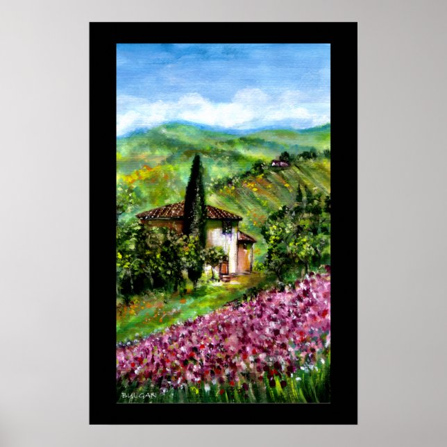 PURPLE IRIS FIELDS IN GREEN TUSCANY LANDSCAPE POSTER (Front)