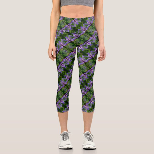 Purple Iris Floral Abstract Art Pattern Capri Leggings (Front)