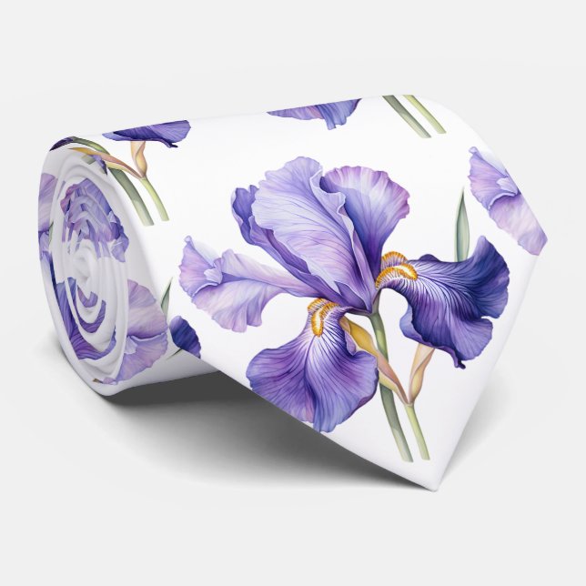 Purple Iris Floral Flower Faux Silk Neck Tie (Rolled)