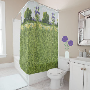 Purple Iris Flower and Green Field Vintage Art Shower Curtain