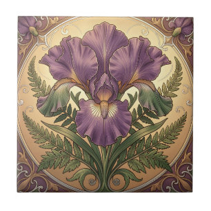 Purple Iris Flower Art Nouveau Ornate Frame Ceramic Tile