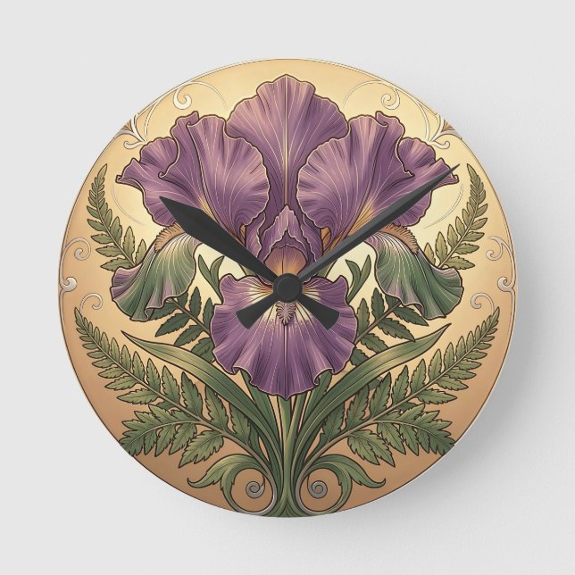 Purple Iris Flower Art Nouveau Ornate Frame Round Clock (Front)
