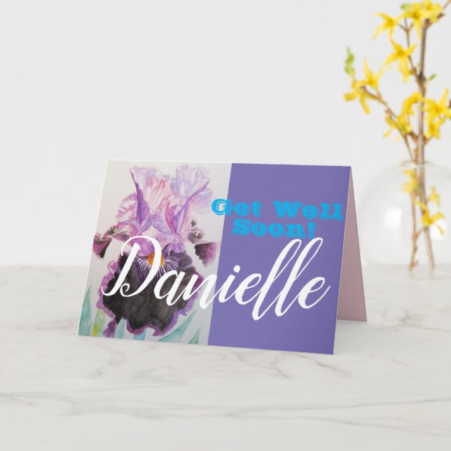 Purple Iris Flower Get Well Soon Womans Name Card (Yellow Flower)
