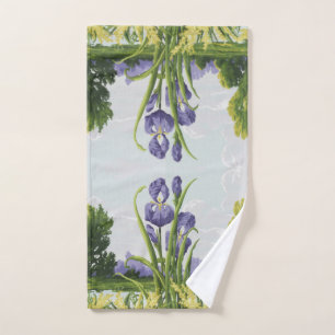 Purple Iris Flower + Green Field Botanical Art Hand Towel