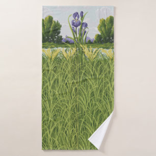 Purple Iris Flower + Green Field Vintage Botanical Bath Towel