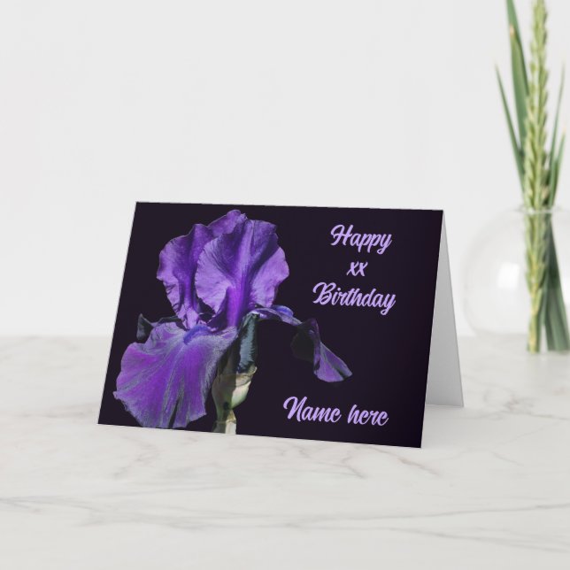 Purple Iris Flower Personalised Birthday Card (Front)