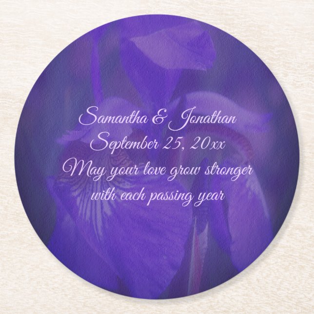 Purple Iris Flower Personalised Wedding  Round Paper Coaster (Front)
