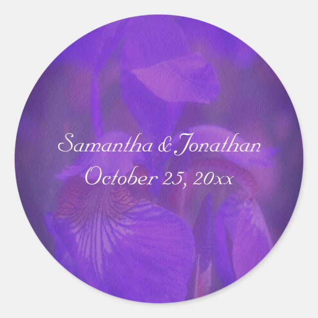 Purple Iris Flower Wedding Personalised Classic Round Sticker (Front)