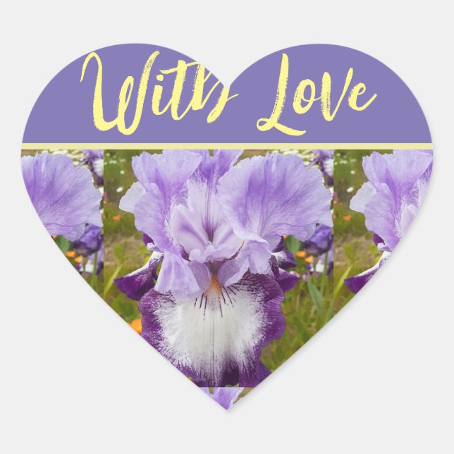 Purple Iris Irises floral flower Art With Love Heart Sticker (Front)