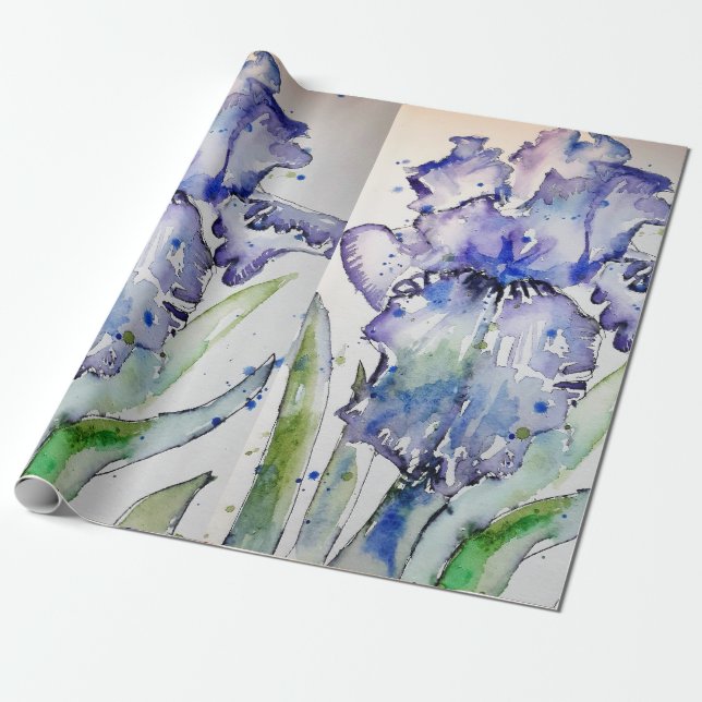 Purple Iris irises flowers Watercolor Wrapping Paper (Unrolled)
