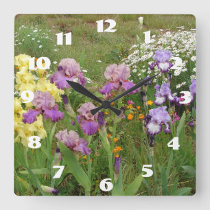 Purple Iris Irises White Daisy Garden Flower Square Wall Clock