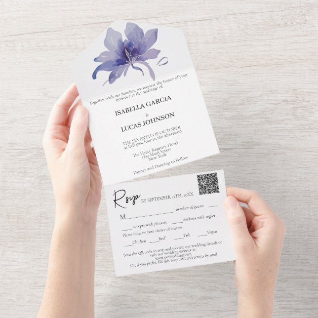 Purple Iris Leaves Wedding All In One Invitation (Tearaway)
