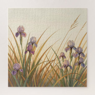 Purple Iris Meadow Golden Grass Landscape Jigsaw Puzzle