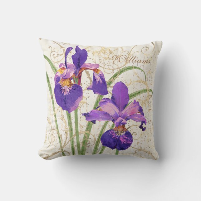 Purple Iris Monogrammed Name Cushion (Front)
