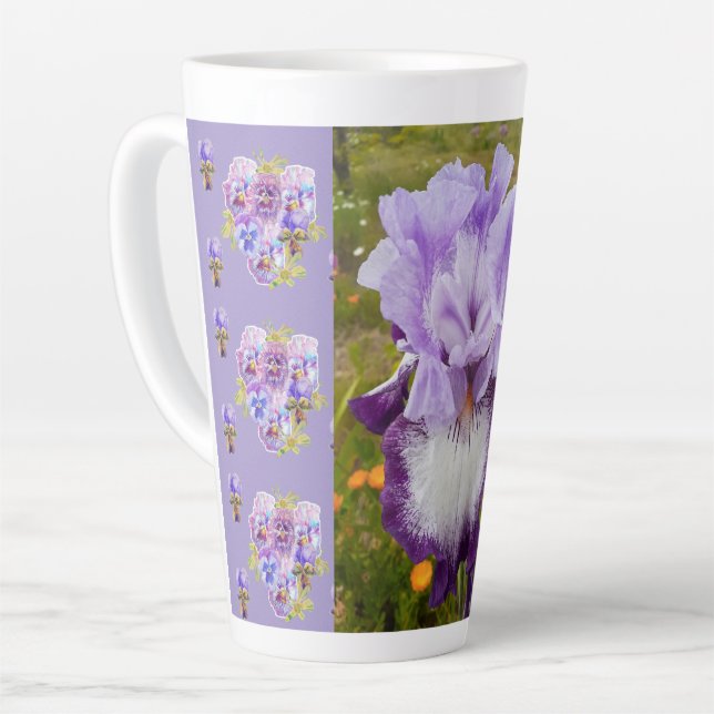 Purple Iris Pansies Viola Shabby floral Latte Mug (Left Angle)