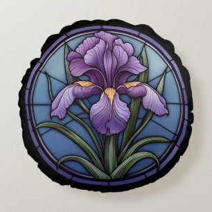 Purple Iris Stained Glass Round Cushion