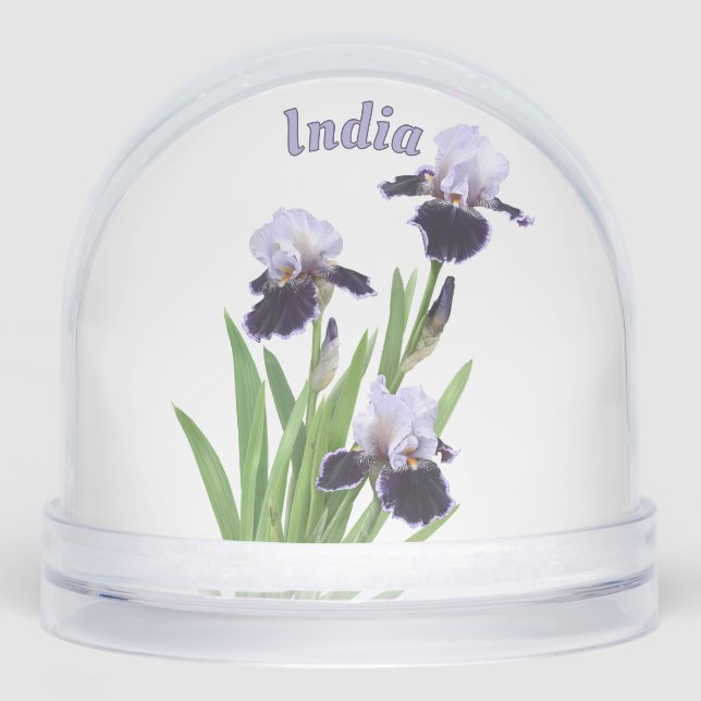 Purple Iris Trio Botanical Floral Art Personalised Snowglobe (Front)