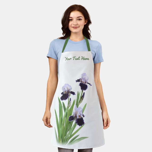 Purple Iris Trio Floral Botanical Personalised Apron (Worn)