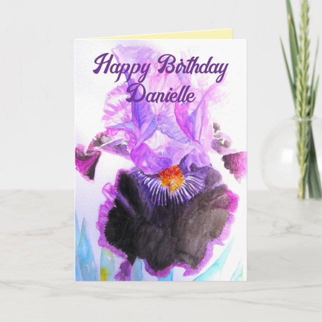 Purple Iris Watercolor Flower Floral Birthday Card (Front)