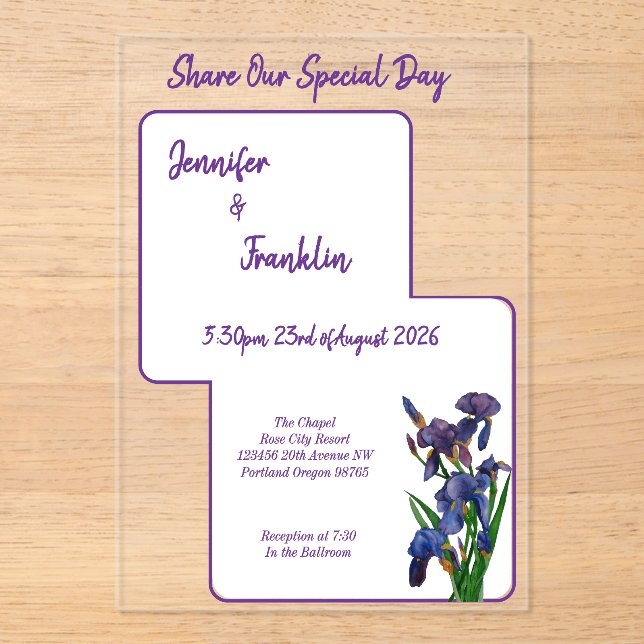 Purple Iris Watercolor Wedding Acrylic Invitations (Front)