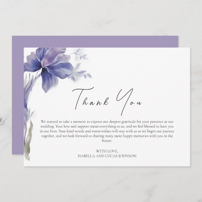 Purple Iris Watercolor Wedding  Thank You Card (Front/Back)