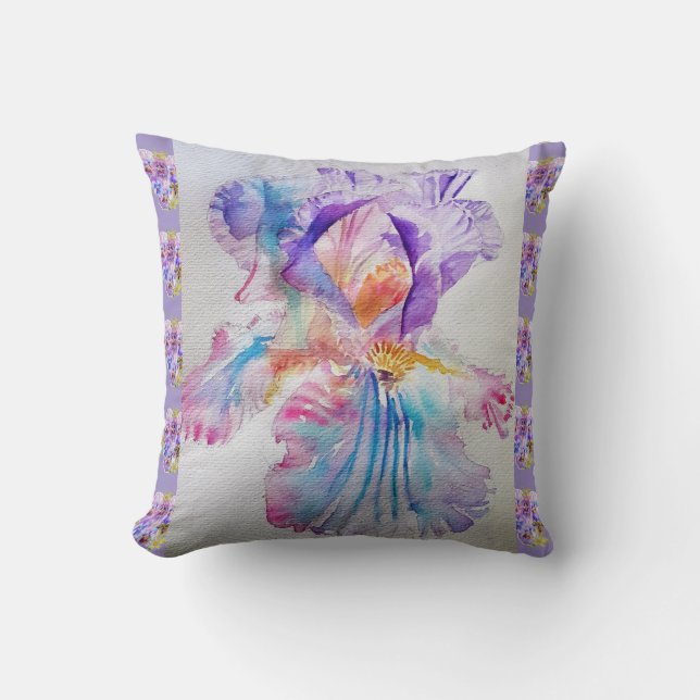 Purple Iris Watercolour floral lavender Cushion (Front)