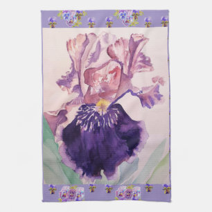 Purple Iris Watercolour Lavender Floral Flower  Tea Towel
